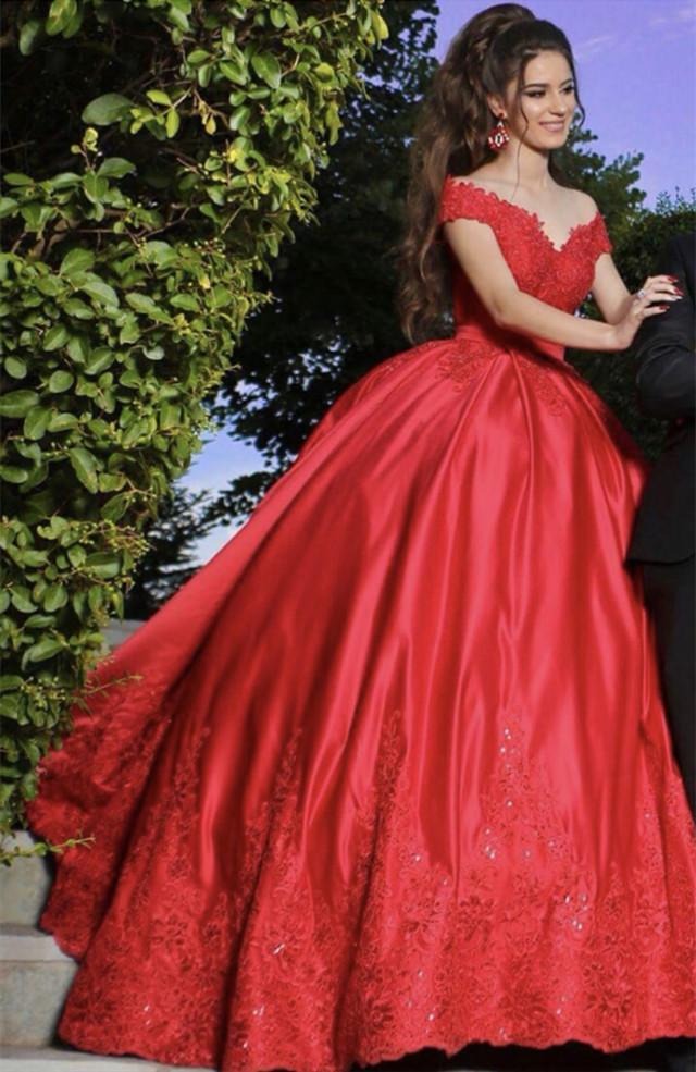 Regal Ball Gown Off-The-Shoulder Scarlet Red Satin Gown
