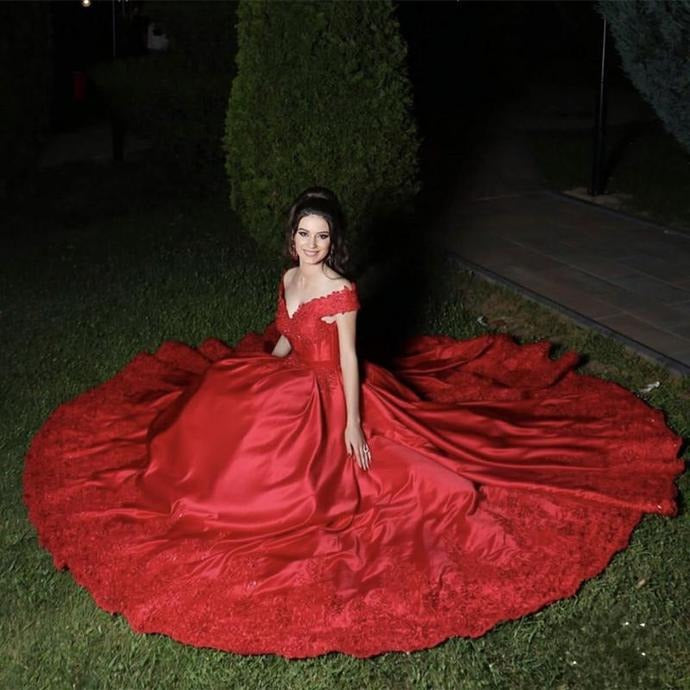Regal Ball Gown Off-The-Shoulder Scarlet Red Satin Gown