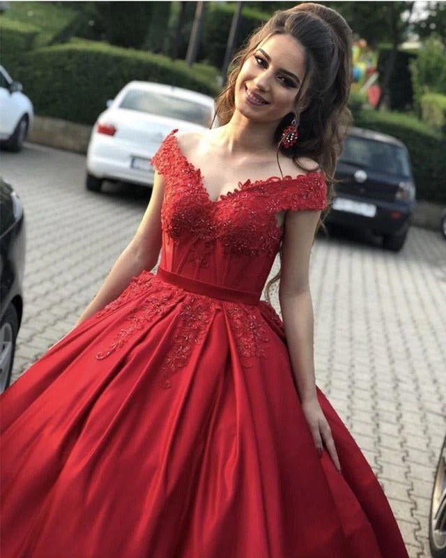 Regal Ball Gown Off-The-Shoulder Scarlet Red Satin Gown
