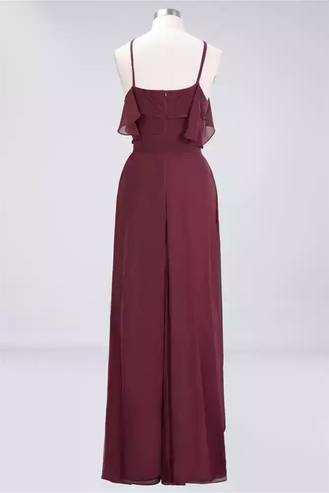 Regal Burgundy Chiffon Gown with Crisscross Halter & Ruffled Bodice