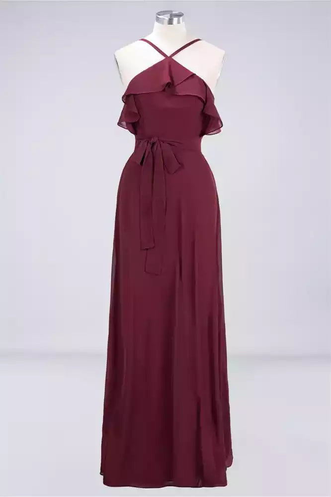 Regal Burgundy Chiffon Gown with Crisscross Halter & Ruffled Bodice