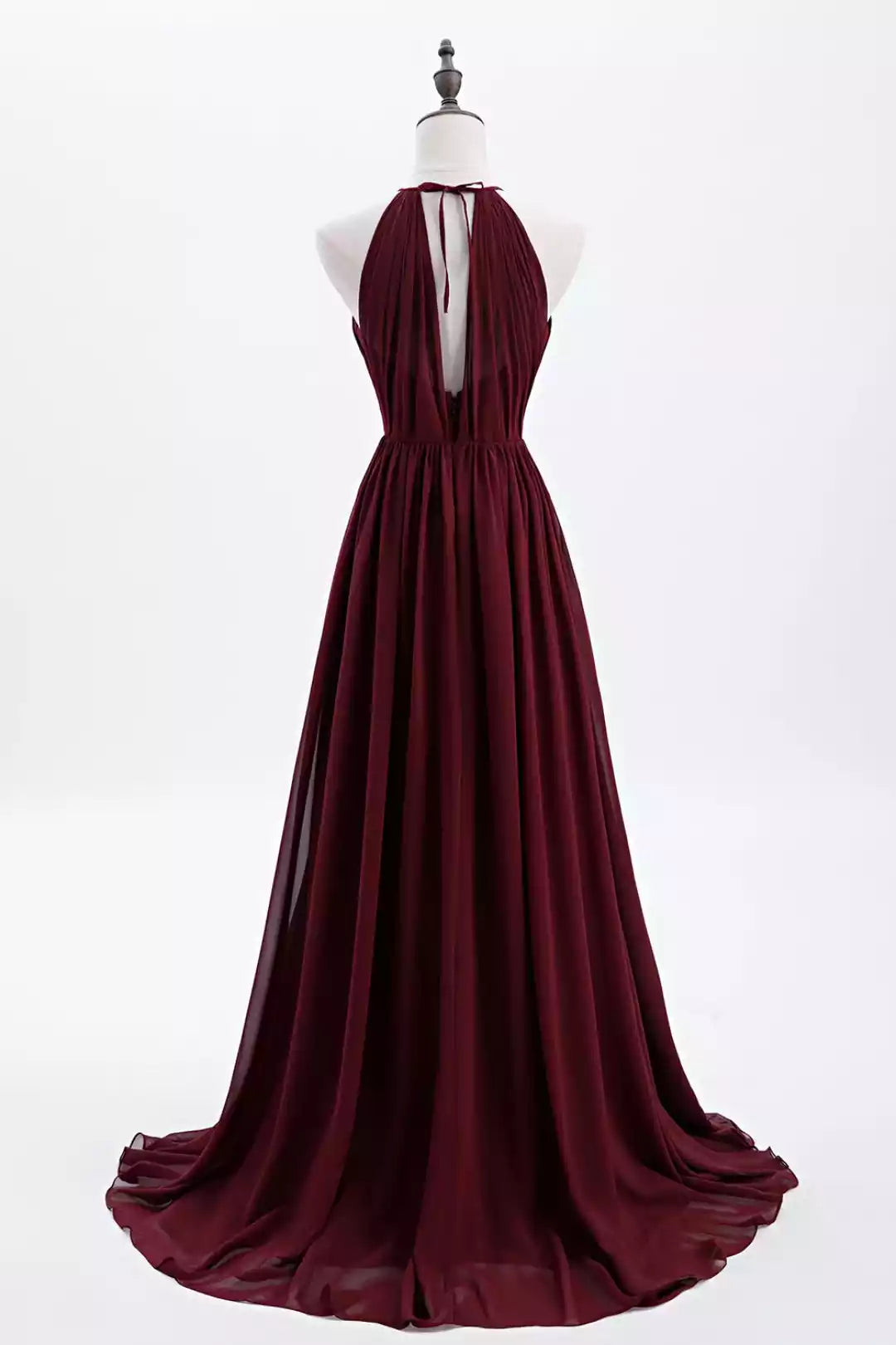 Regal Burgundy Chiffon Gown with Halter Deep V-Back & Ruched Bodice