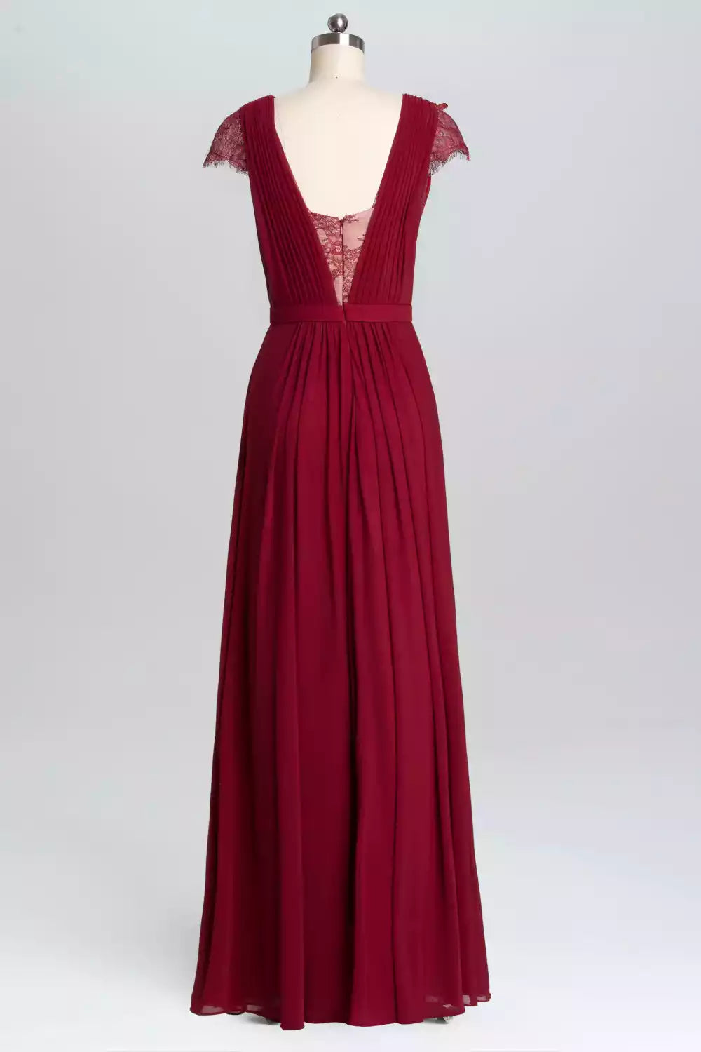 Regal Burgundy Chiffon Gown with Lace Accents & Embellished Waist