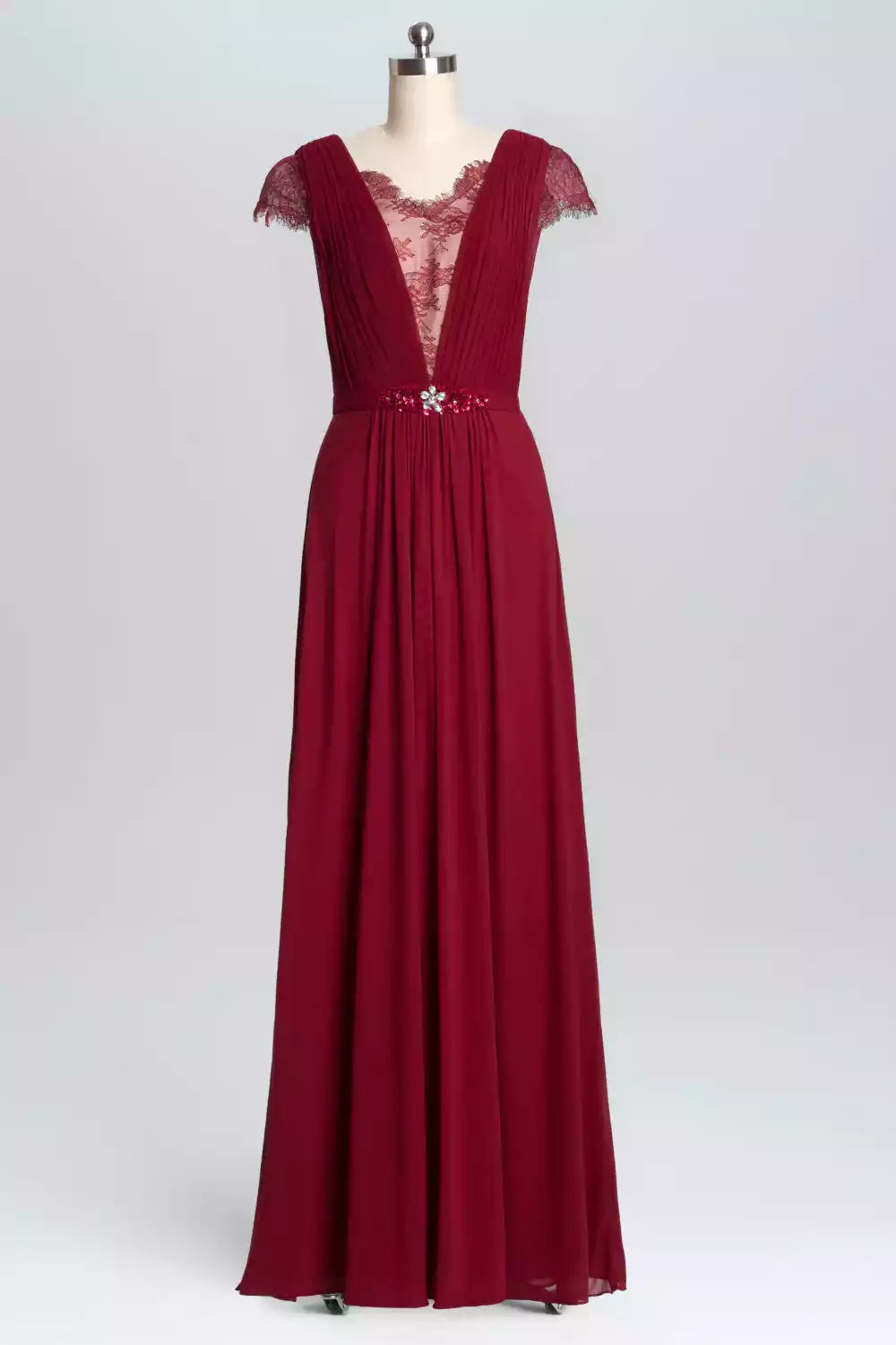 Regal Burgundy Chiffon Gown with Lace Accents & Embellished Waist