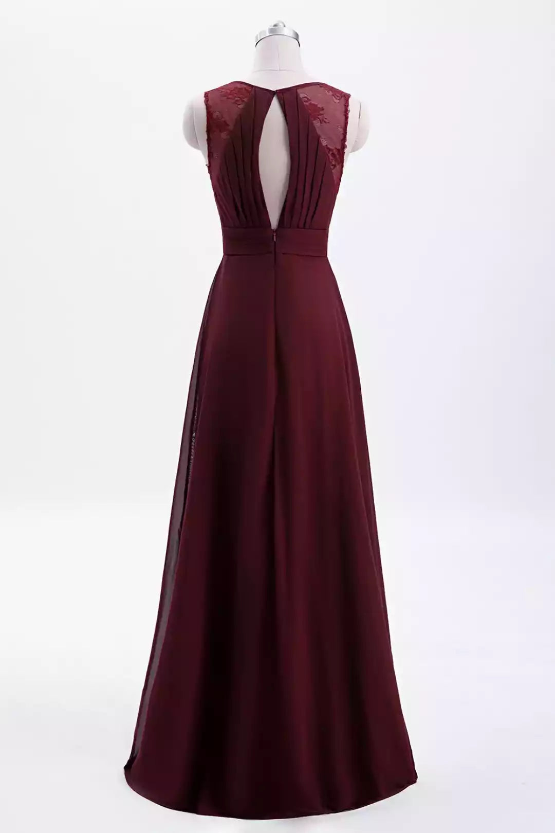 Regal Burgundy Chiffon Gown with Lace Accents & Keyhole Back