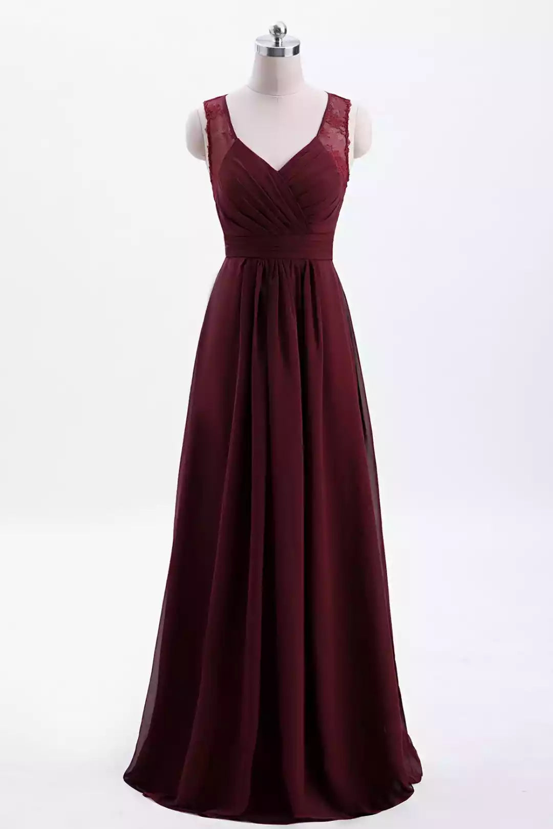 Regal Burgundy Chiffon Gown with Lace Accents & Keyhole Back