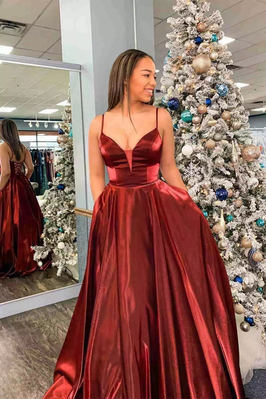 Regal Burgundy Satin Ballgown with Plunging V-Neckline & Lace-Up Back