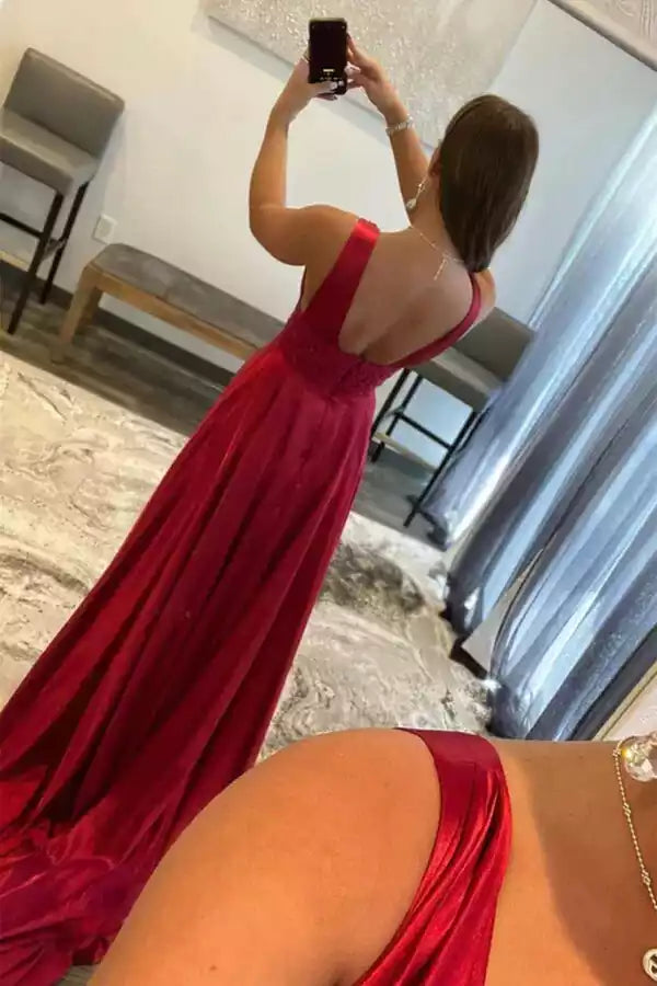 Regal Burgundy Satin Gown with Deep V-Neck & Lace Detail