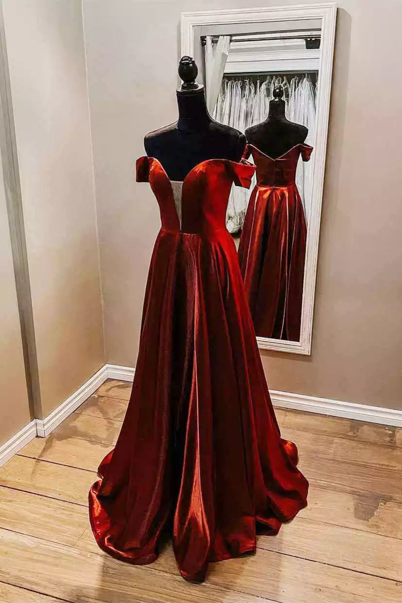 Regal Burgundy Satin Gown with Off-the-Shoulder Neckline & Keyhole Front