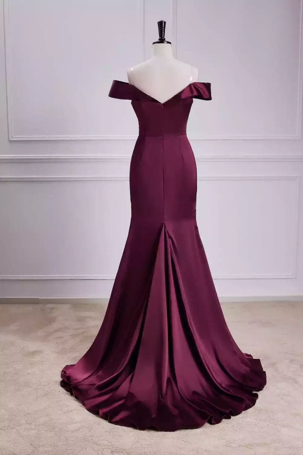 Regal Burgundy Satin Gown with Off-the-Shoulder Neckline & Mermaid Train
