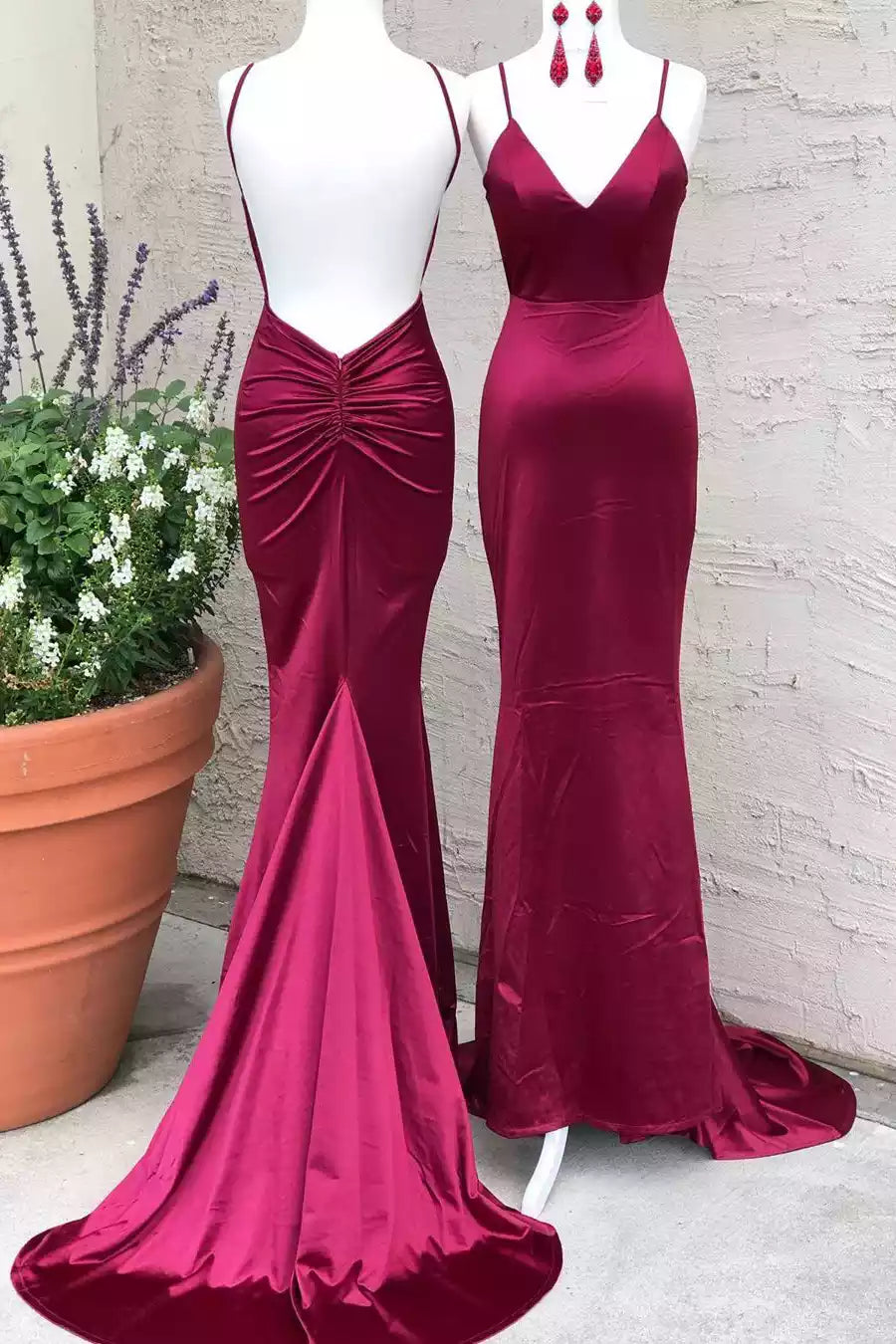 Regal Burgundy Satin Mermaid Gown with Plunging V-Neckline & Open Back