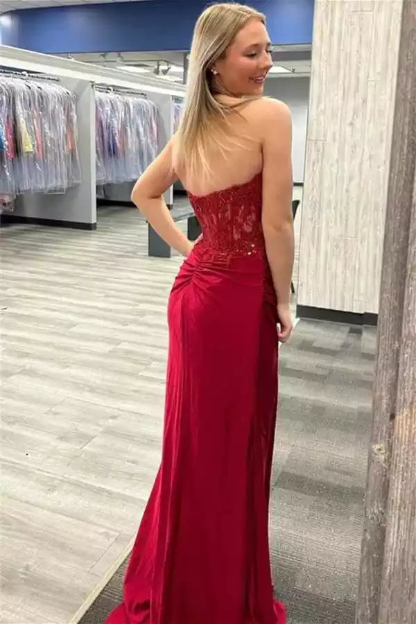 Regal Burgundy Strapless Gown with Embellished Bodice & High Slit