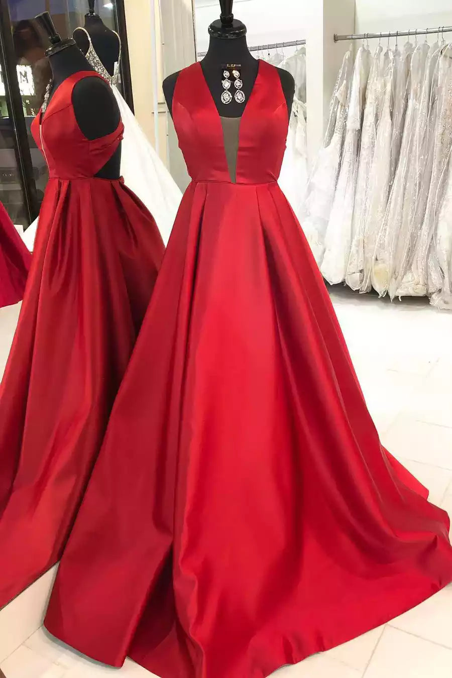 Regal Crimson Satin Ballgown with Plunging V-Neckline & Open Back