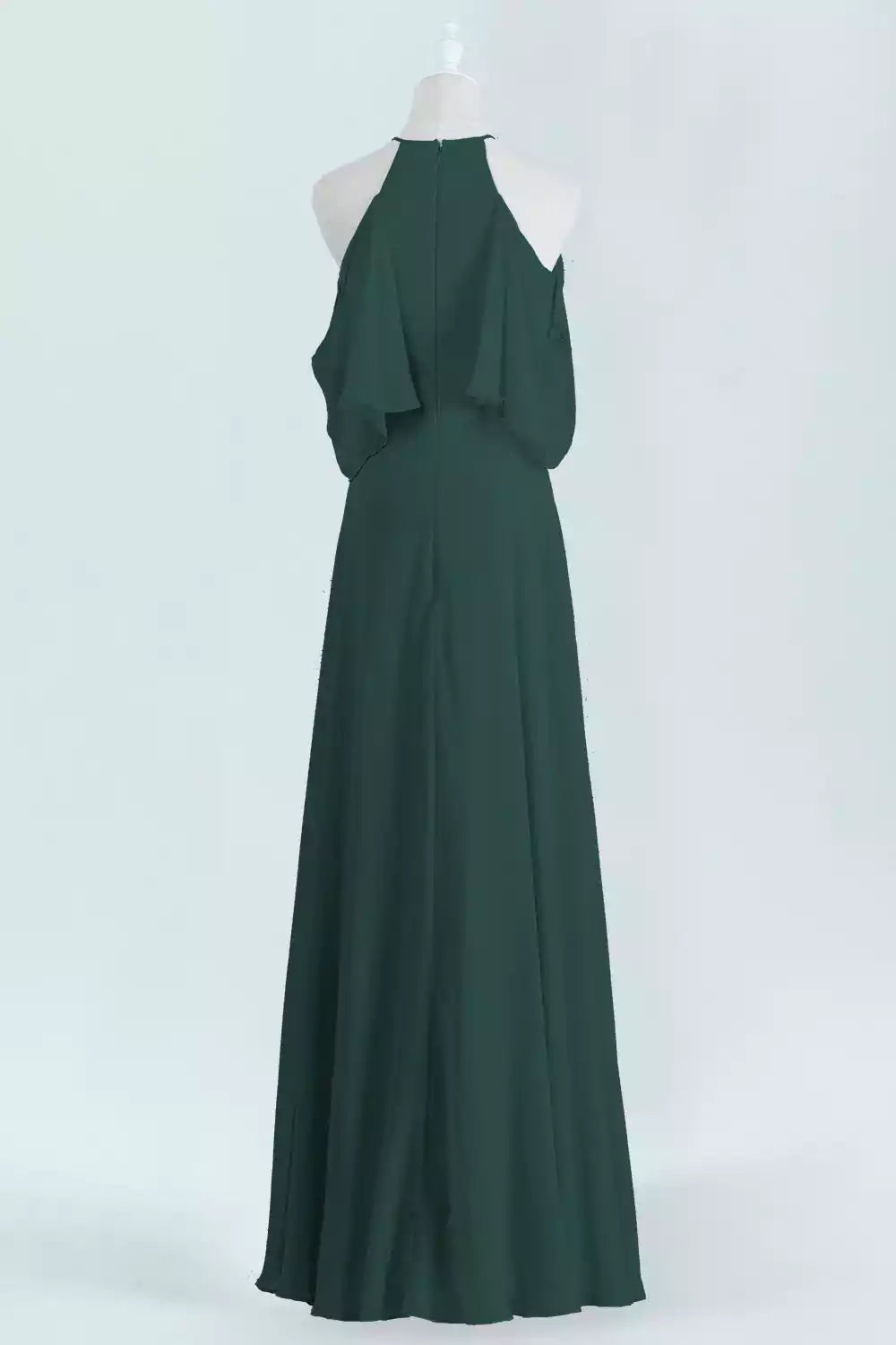 Regal Emerald Green Chiffon Gown with Halter Cape Sleeves & Keyhole Neck