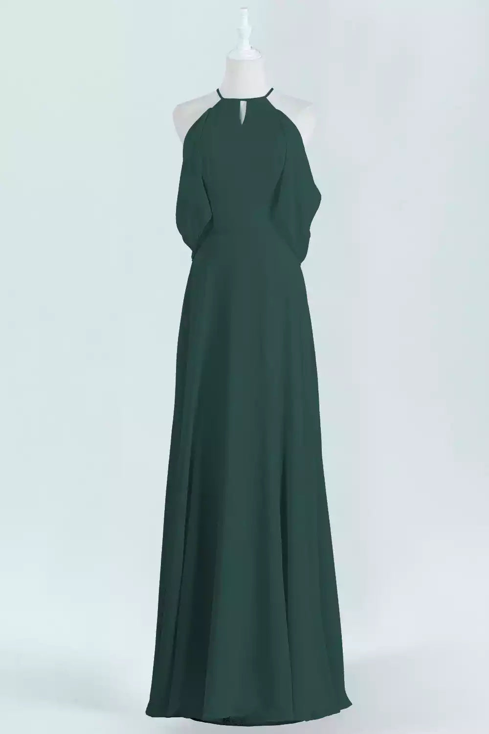 Regal Emerald Green Chiffon Gown with Halter Cape Sleeves & Keyhole Neck