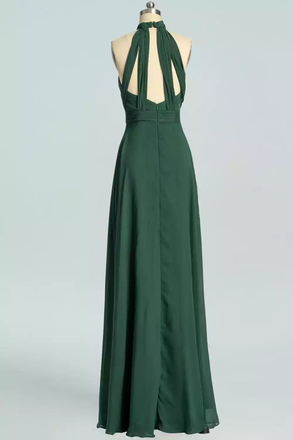 Regal Emerald Green Chiffon Gown with Halter Multi-Strap Back & High Slit
