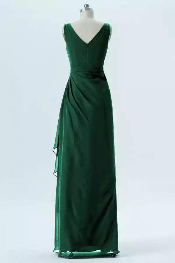 Regal Emerald Green Chiffon Gown with V-Neck & Asymmetric Ruffle