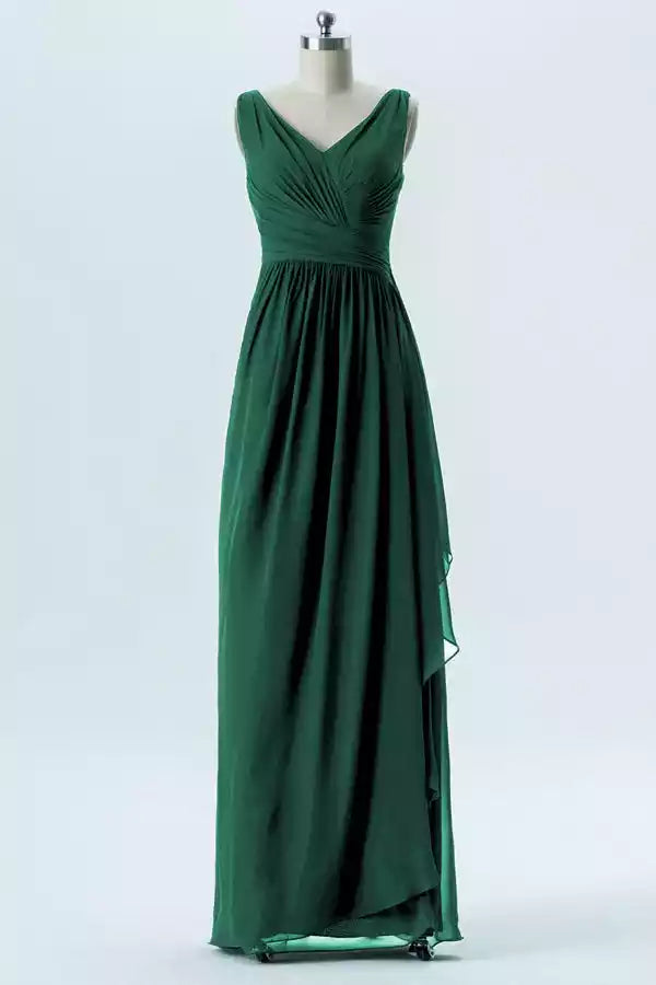 Regal Emerald Green Chiffon Gown with V-Neck & Asymmetric Ruffle