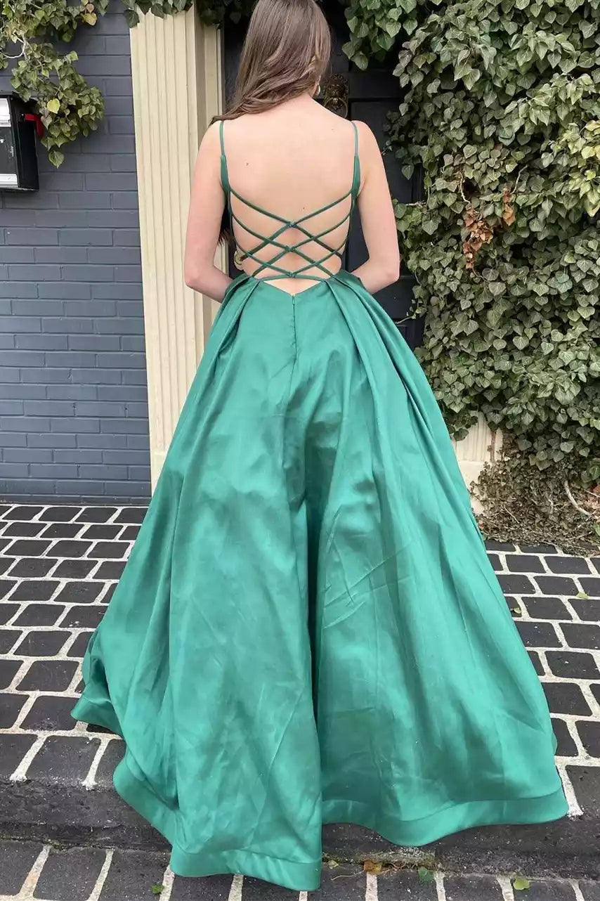 Regal Emerald Satin Ballgown with Crisscross Back & Deep V-Neckline