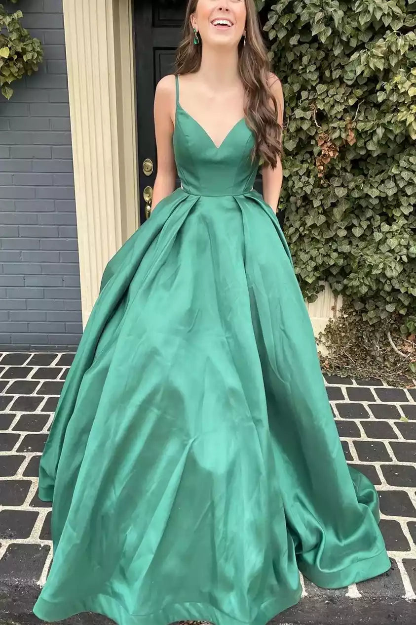 Regal Emerald Satin Ballgown with Crisscross Back & Deep V-Neckline