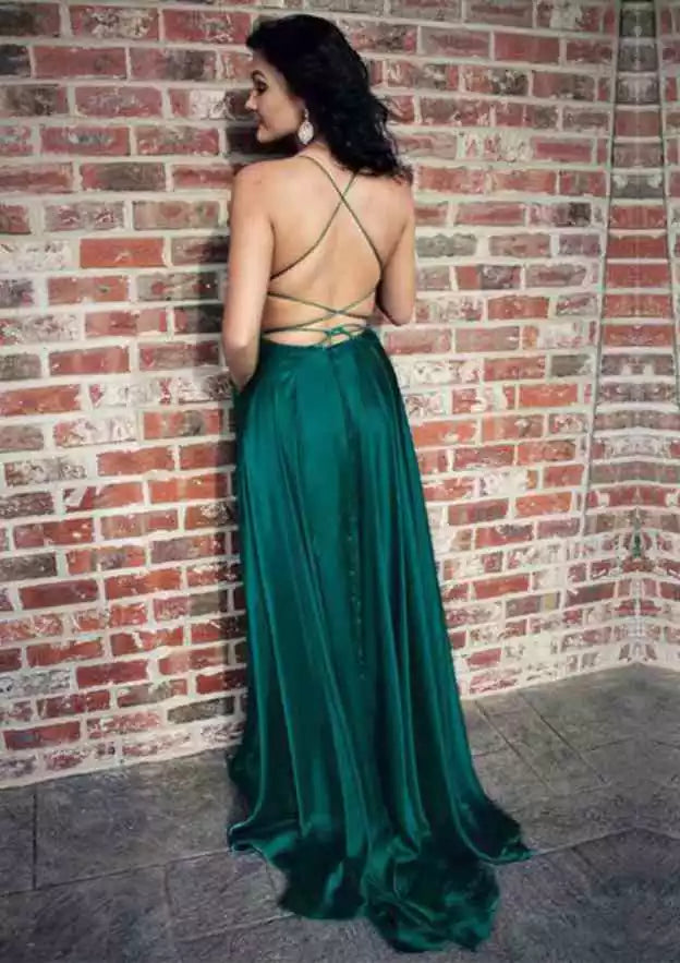 Regal Emerald Satin Gown with Crisscross Lace-Up Back & High Side Slit