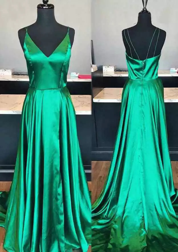 Regal Emerald Satin Gown with Plunging V-Neck & Thin Strap Back