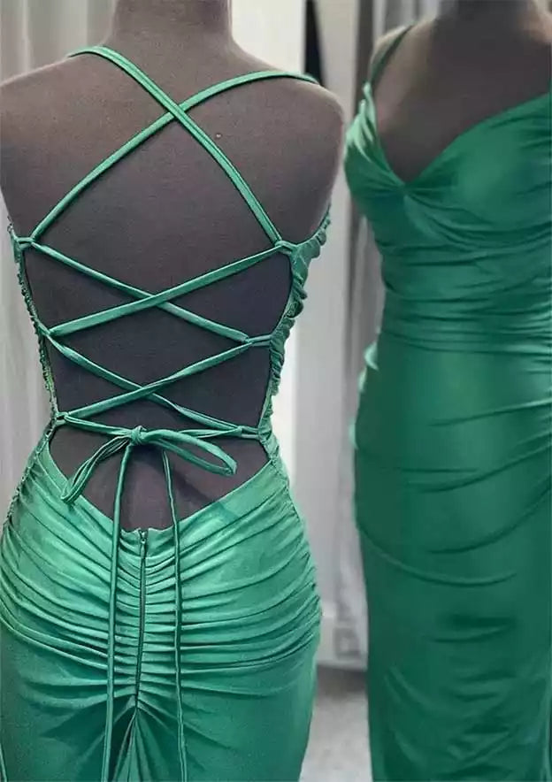 Regal Emerald Satin Mermaid Gown with Multi-Crisscross Lace-Up Back