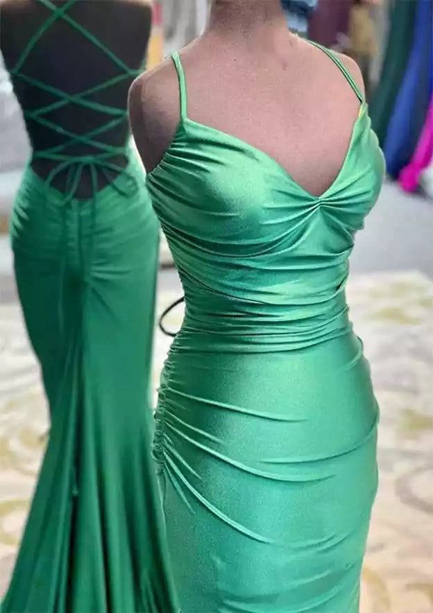 Regal Emerald Satin Mermaid Gown with Multi-Crisscross Lace-Up Back