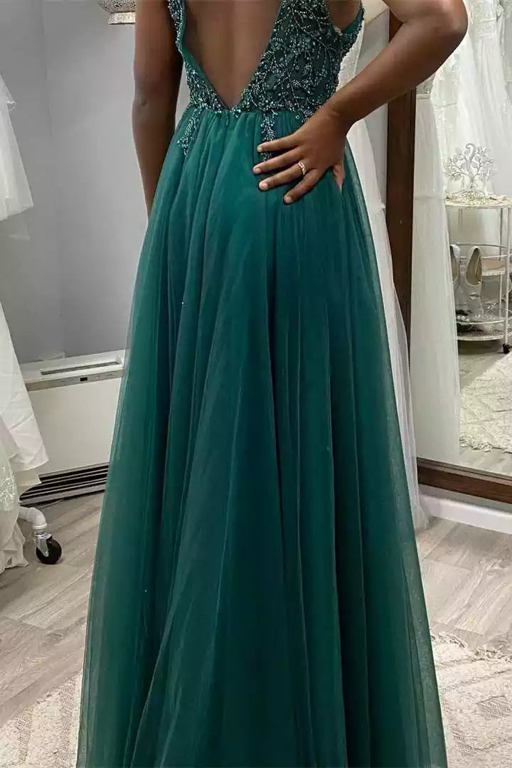 Regal Emerald Tulle Gown with Beaded Bodice & Deep V-Back