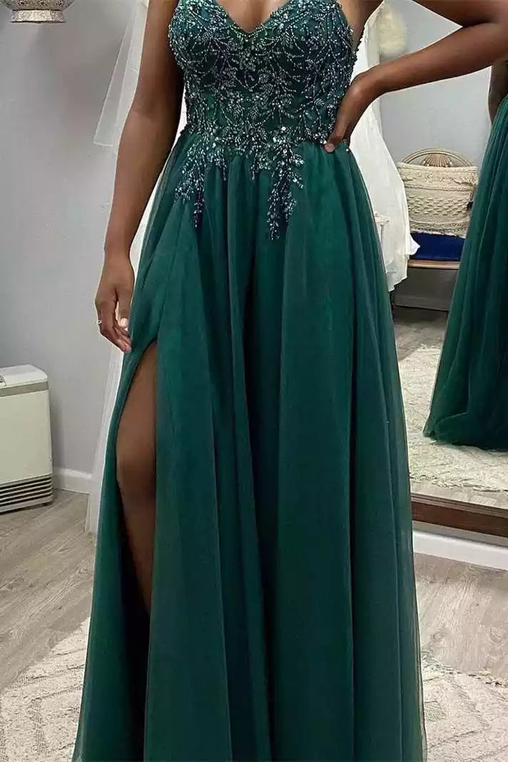 Regal Emerald Tulle Gown with Beaded Bodice & Deep V-Back