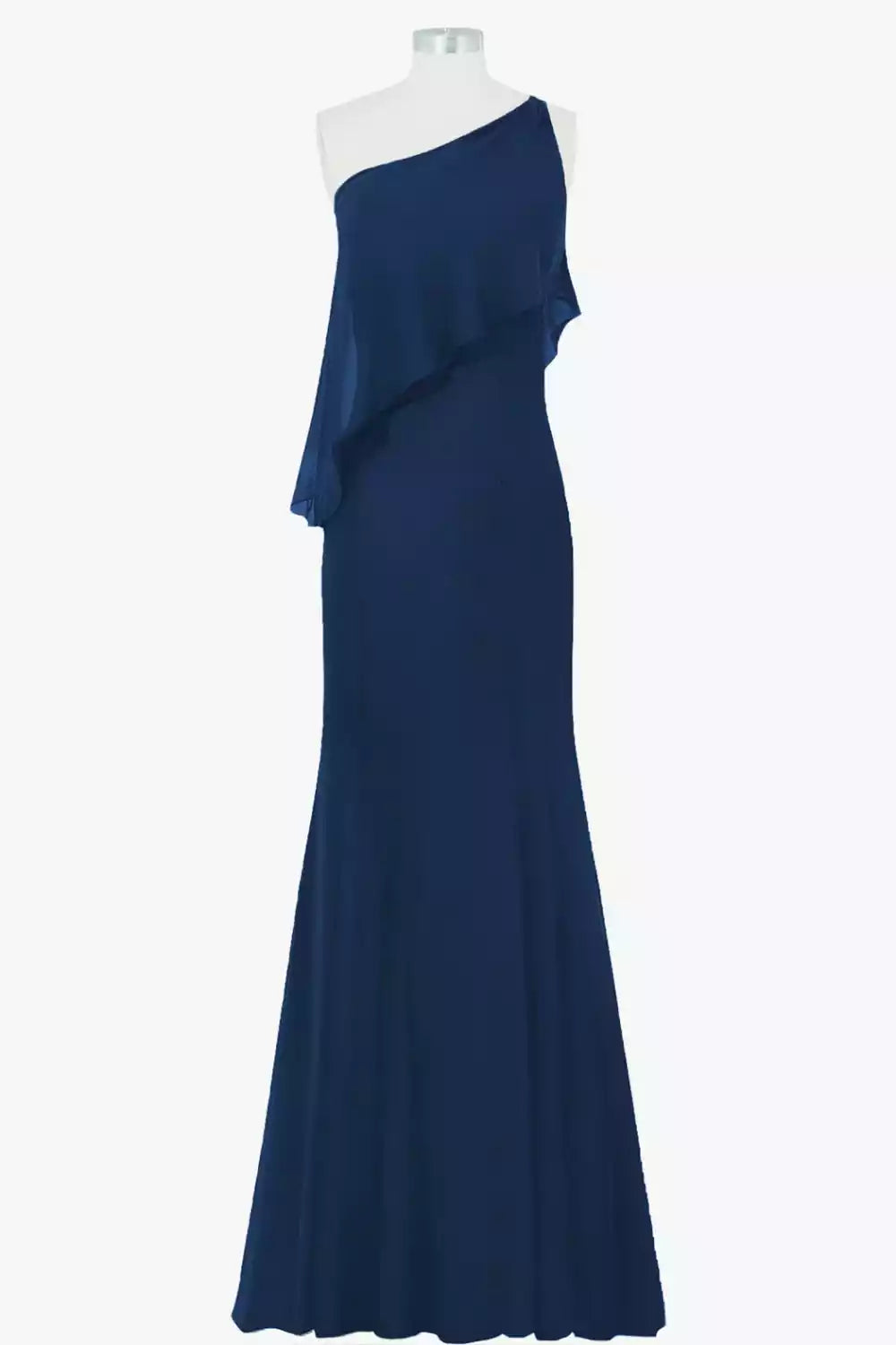 Regal Navy Blue Chiffon Gown with One-Shoulder Ruffle & Mermaid Silhouette