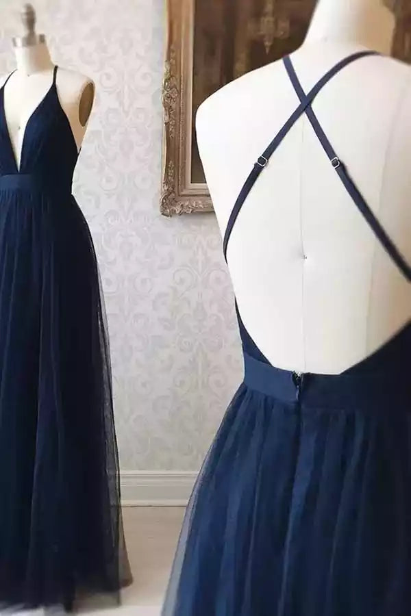 Regal Navy Tulle Gown with Deep V-Neck & Cross-Back Straps