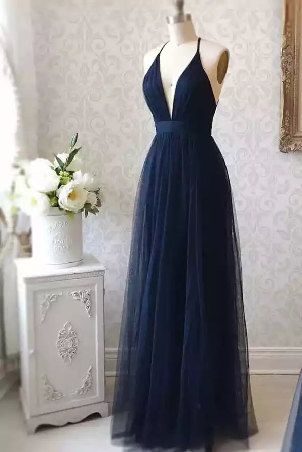 Regal Navy Tulle Gown with Deep V-Neck & Cross-Back Straps