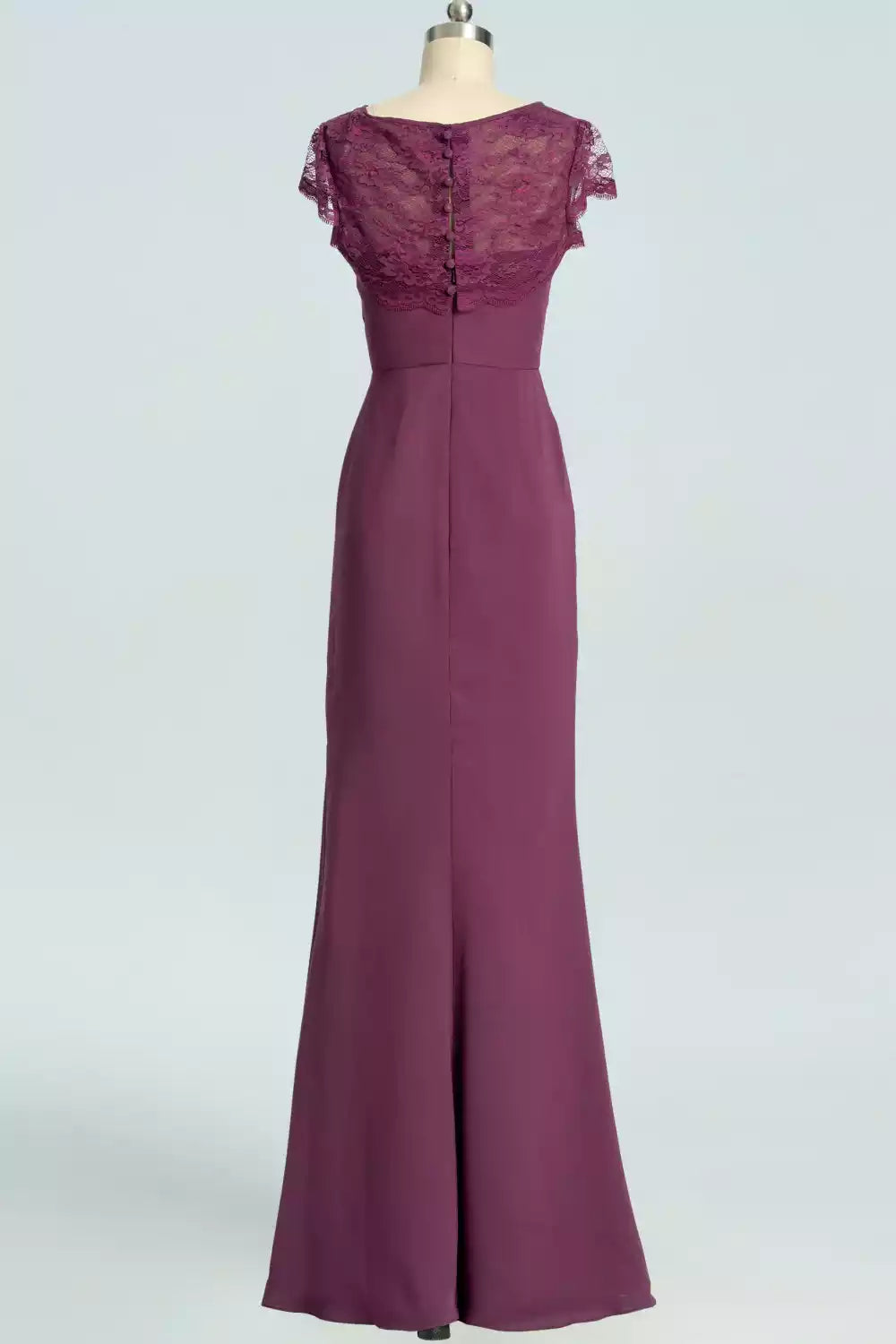Regal Plum Purple Chiffon Gown with Lace Cap Sleeves & Mermaid Silhouette
