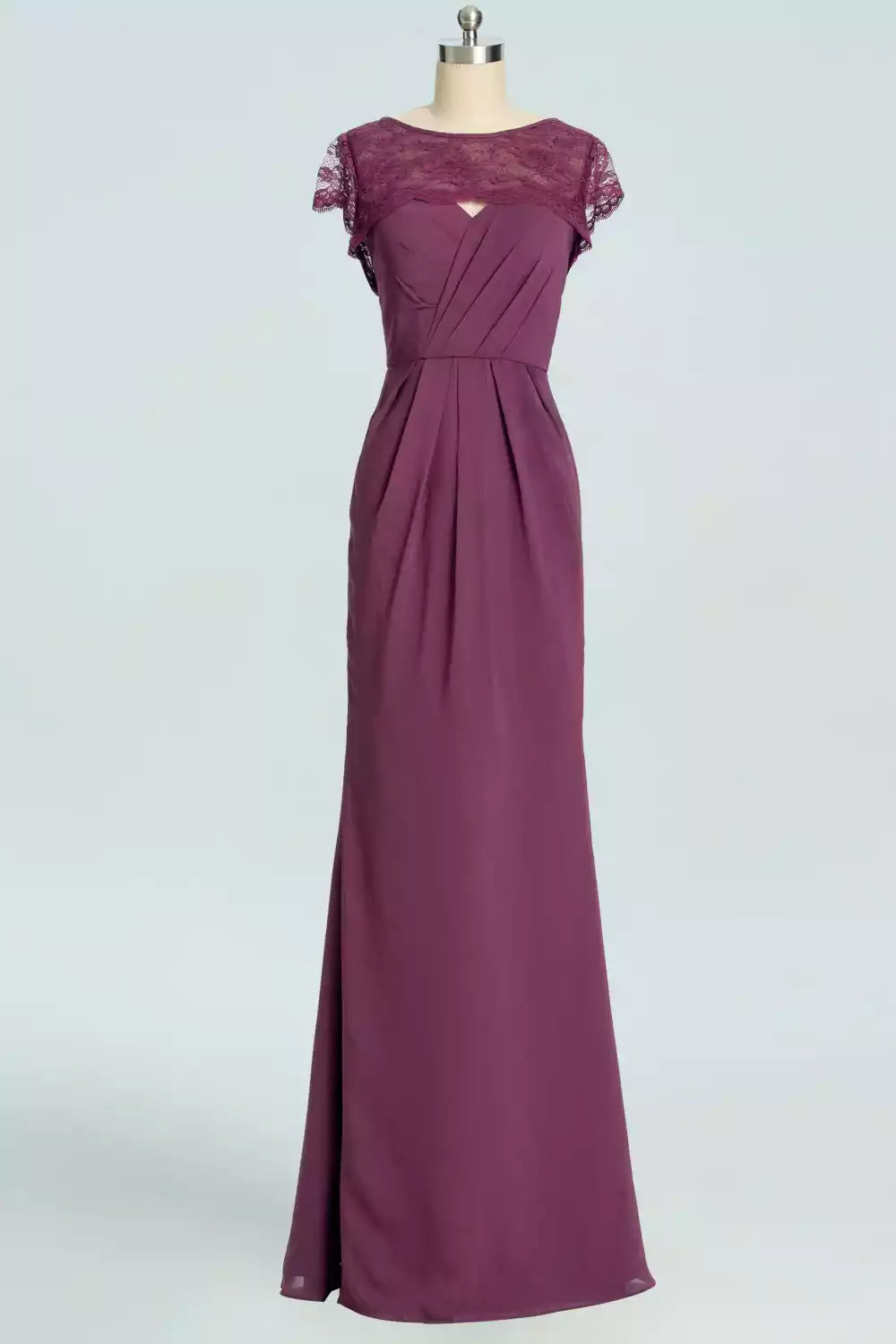 Regal Plum Purple Chiffon Gown with Lace Cap Sleeves & Mermaid Silhouette