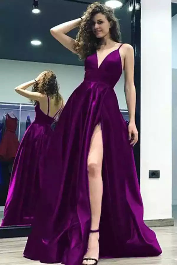 Regal Plum Satin Gown with Deep V-Neck & High Slit