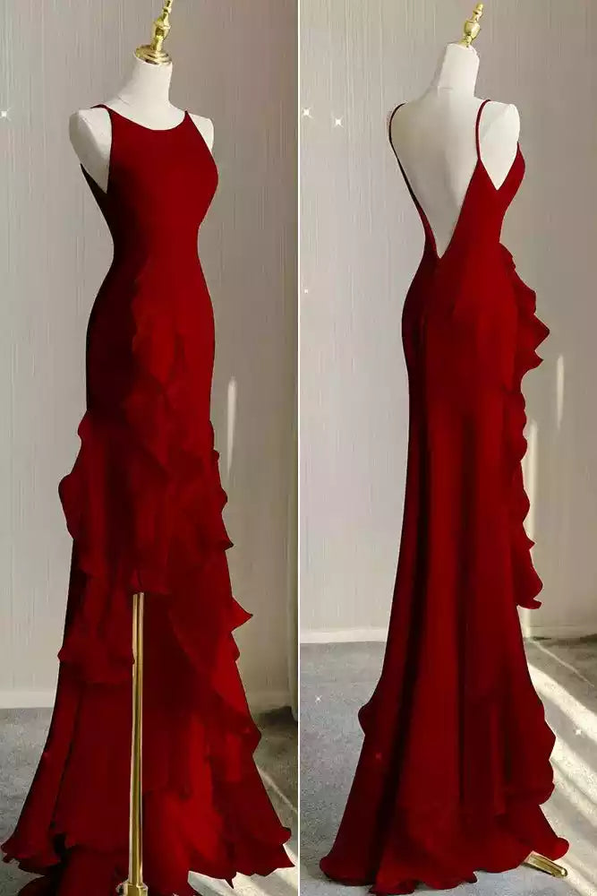 Regal Red Chiffon Gown with Spaghetti Straps & Layered Ruffle Overlay