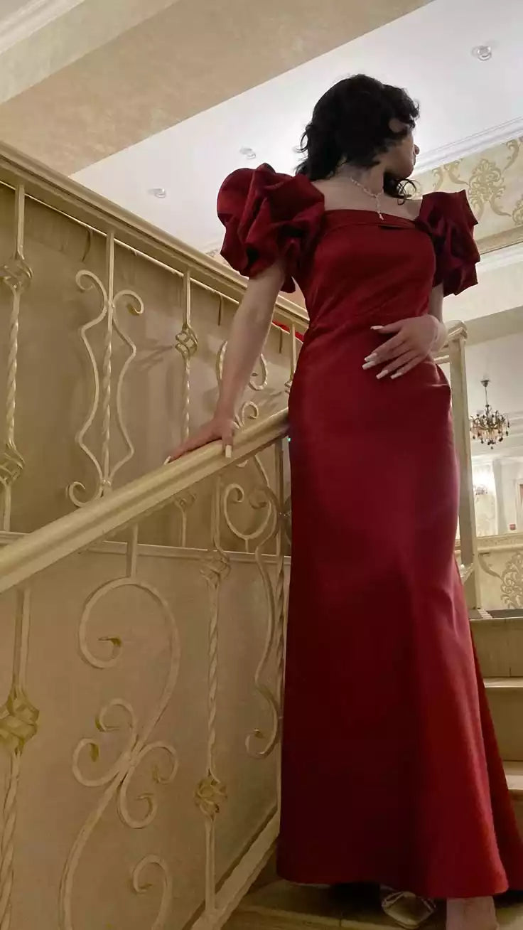 Regal Red Satin Gown with Off-the-Shoulder Puff Sleeves & Form-Fitting Silhouette
