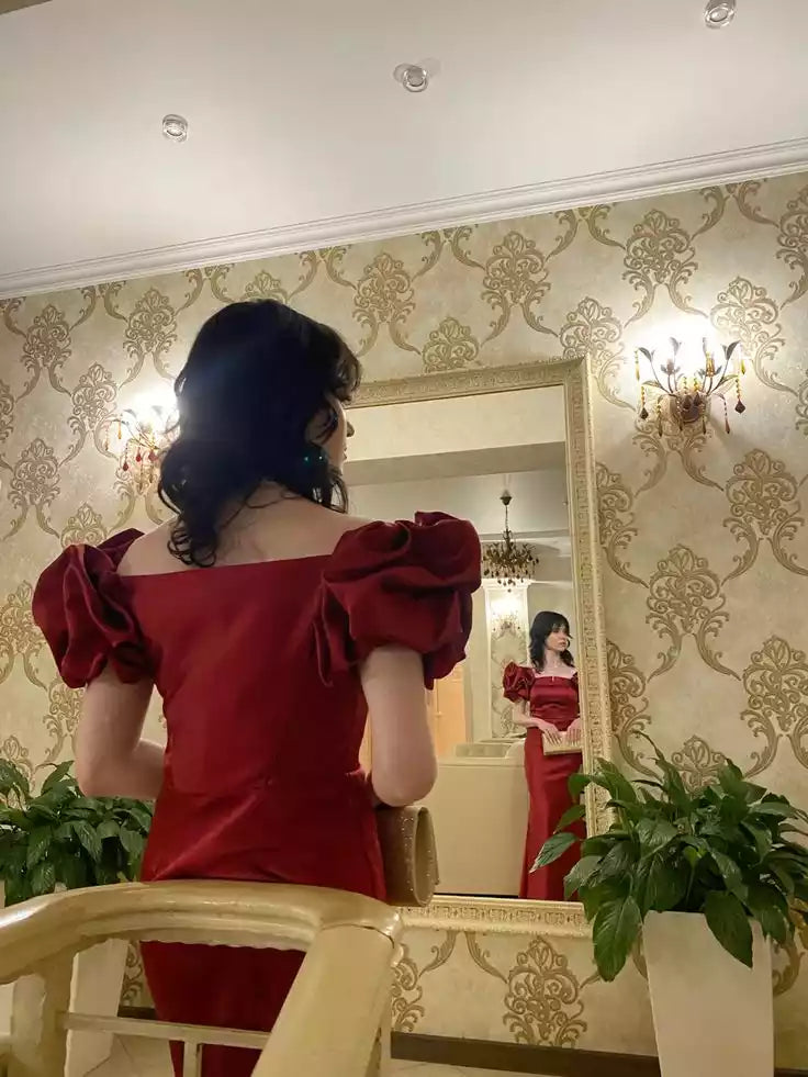 Regal Red Satin Gown with Off-the-Shoulder Puff Sleeves & Form-Fitting Silhouette