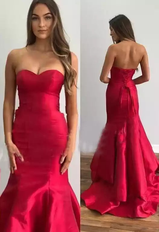 Regal Red Satin Mermaid Gown with Strapless Sweetheart Bodice