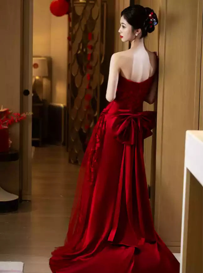 Regal Red Satin One-Shoulder Gown with 3D Floral Detailing & Oversized Bow