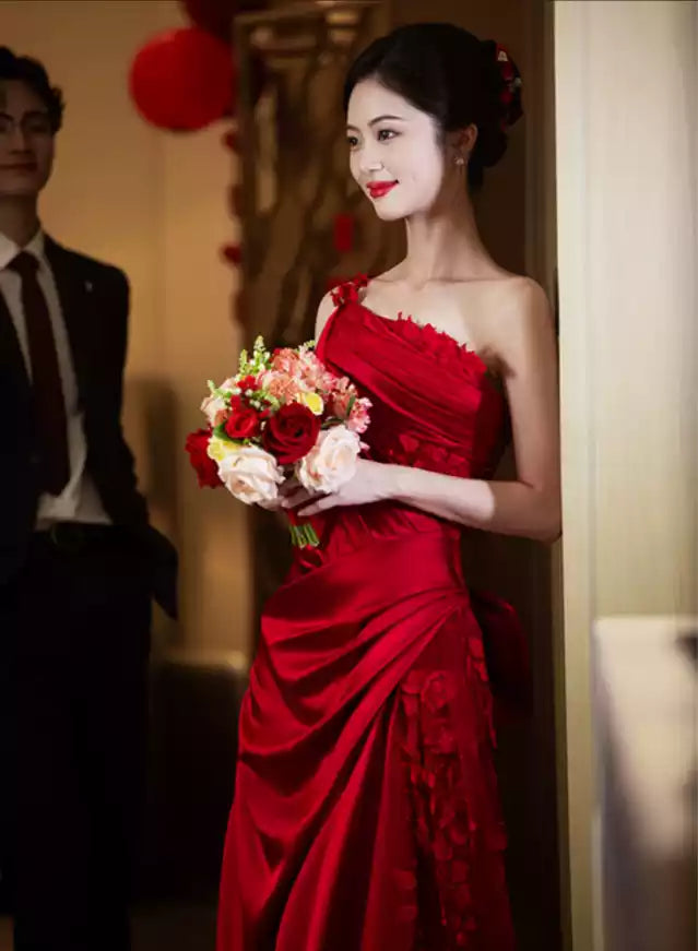 Regal Red Satin One-Shoulder Gown with 3D Floral Detailing & Oversized Bow