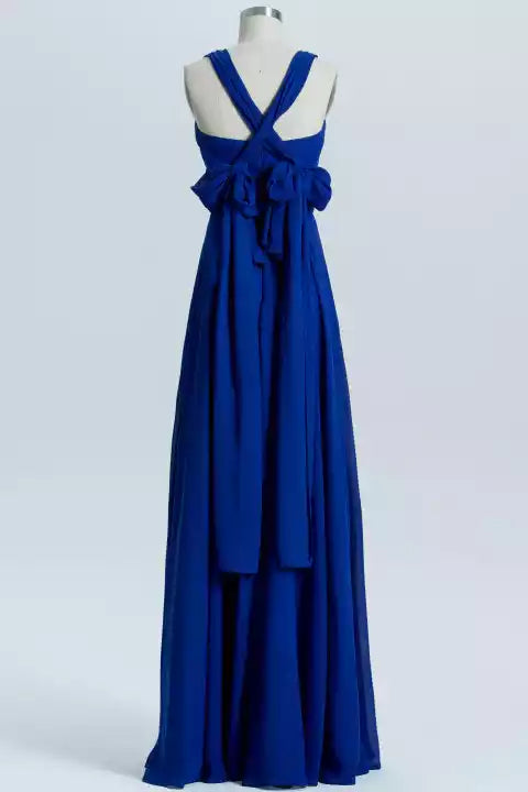 Regal Royal Blue Chiffon Gown with Cross-Back Bow & Ruched Bodice