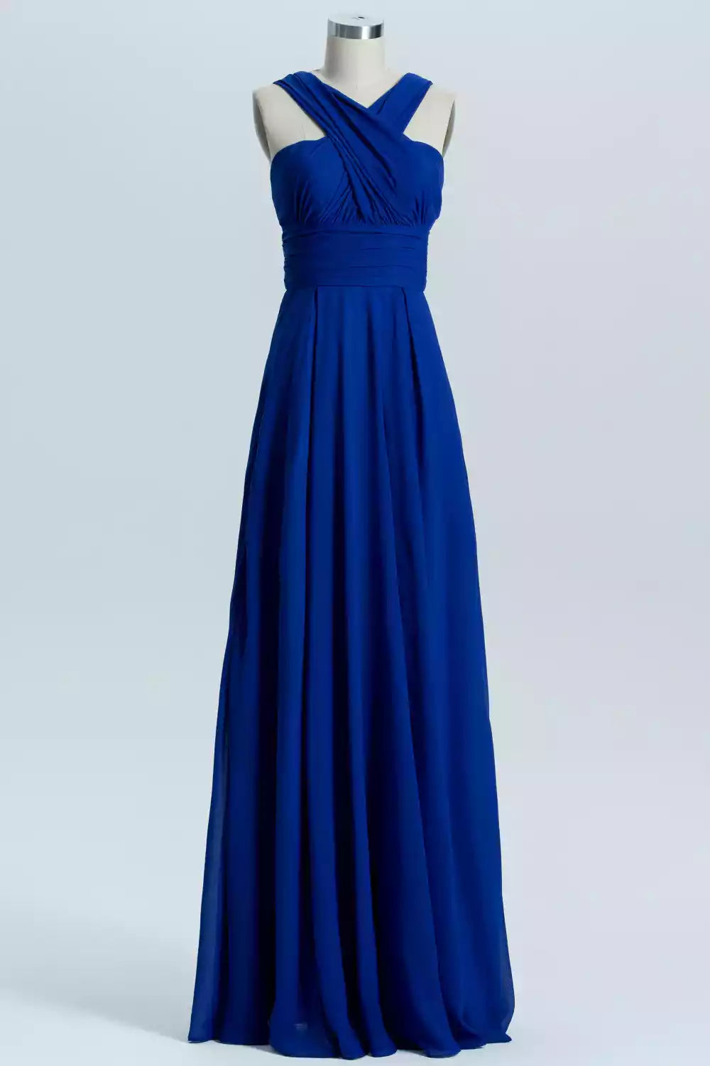Regal Royal Blue Chiffon Gown with Cross-Back Bow & Ruched Bodice