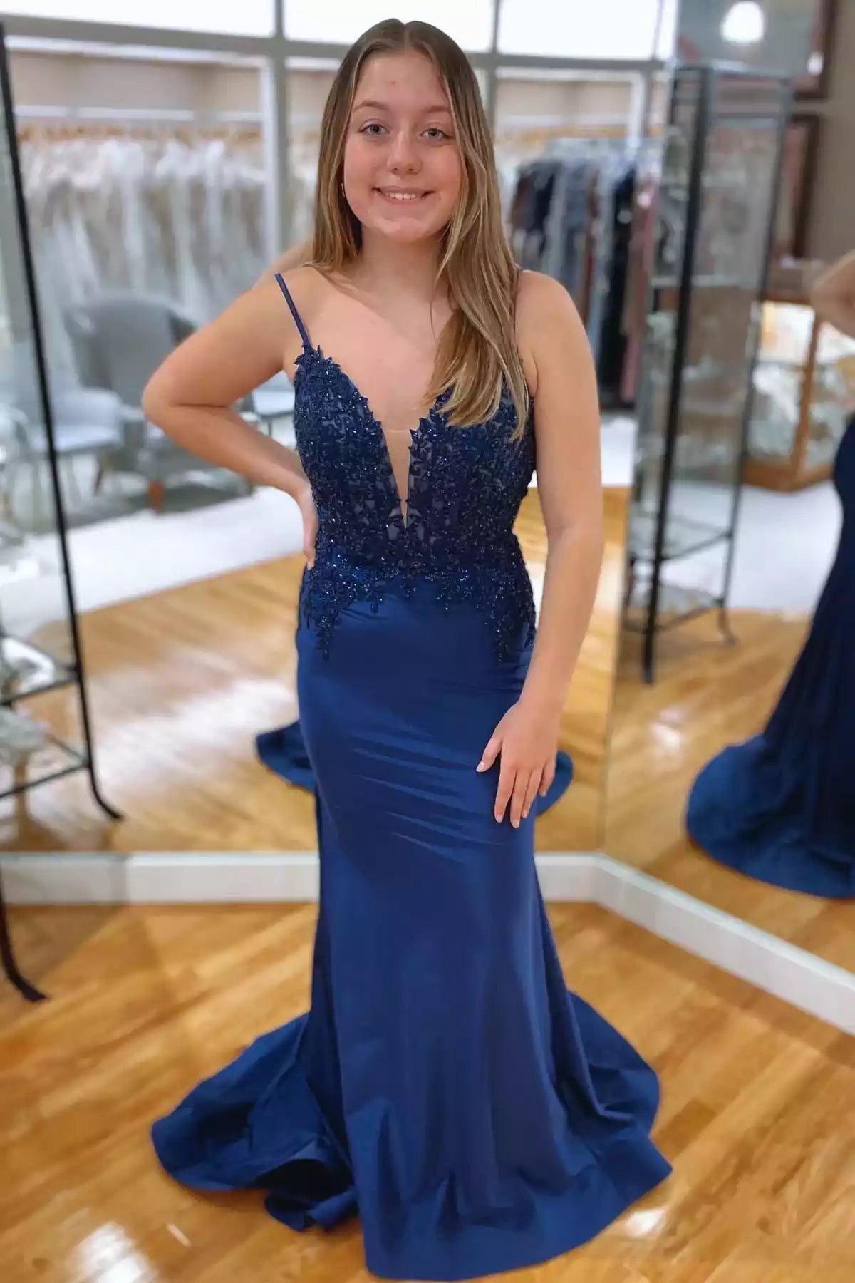 Regal Royal Blue Mermaid Gown with Beaded Lace & Crisscross Back