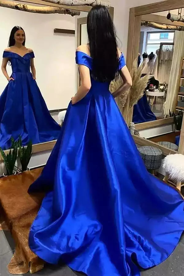 Regal Royal Blue Off-the-Shoulder Satin Ballgown with Pockets