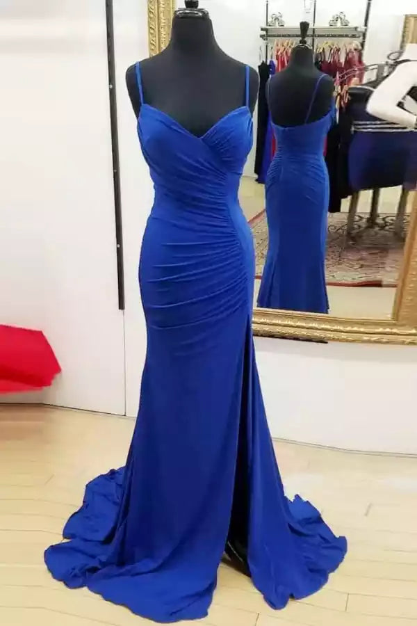 Regal Royal Blue Ruched Gown with Spaghetti Straps & Mermaid Train