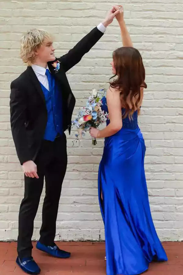 Regal Royal Blue Satin Gown with Strapless Lace Bodice