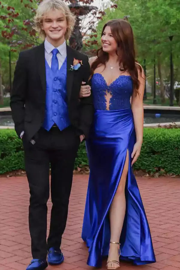 Regal Royal Blue Satin Gown with Strapless Lace Bodice