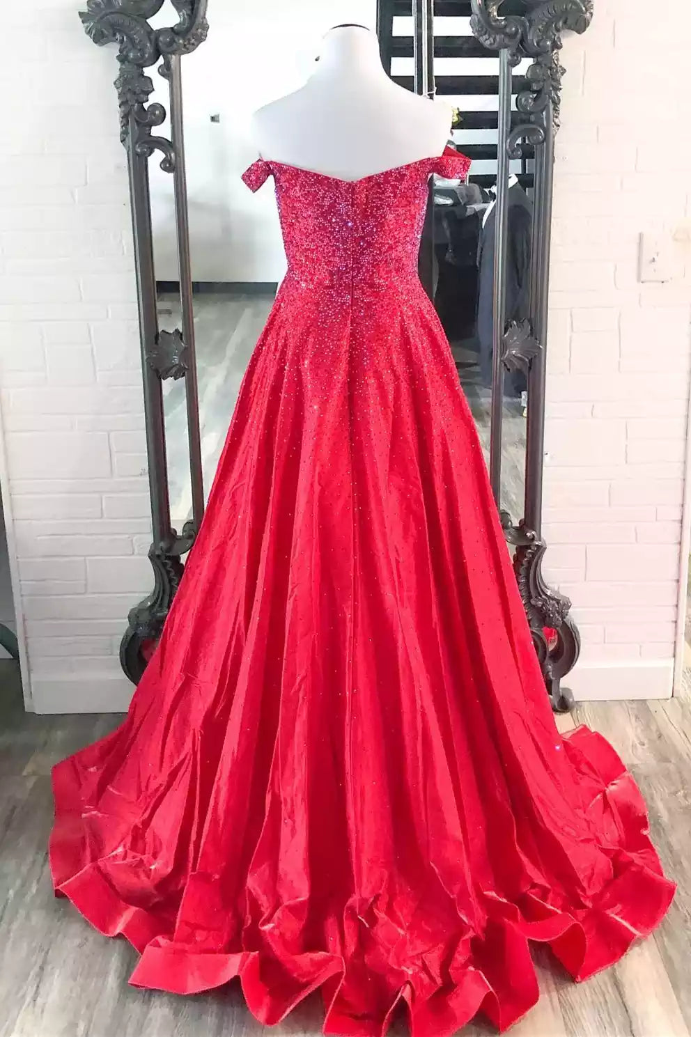 Regal Scarlet Off-the-Shoulder Ballgown with Crystal Detailing & Flowing Train